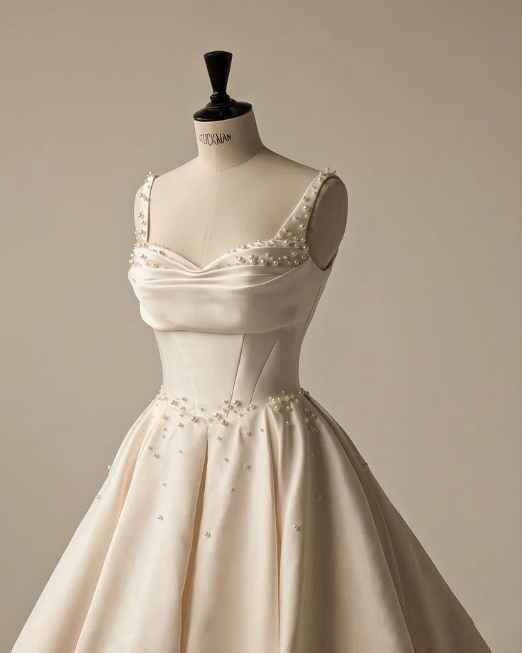 Vestido de novia único, largo, de satén, con tirantes y cuello de pico, elegante, DH732