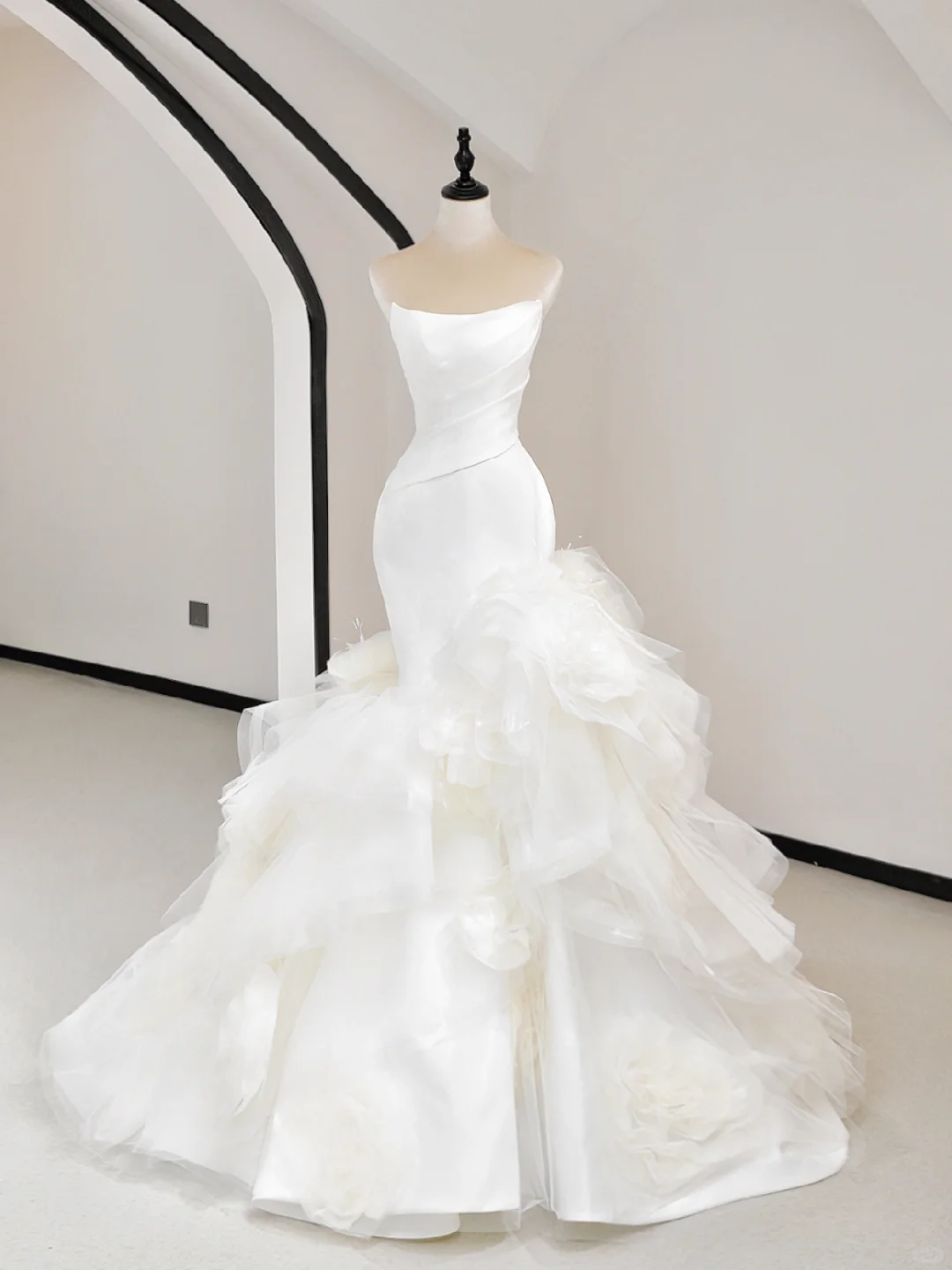 Vestido de novia único de sirena sin tirantes, de satén blanco, largo, elegante, DH734