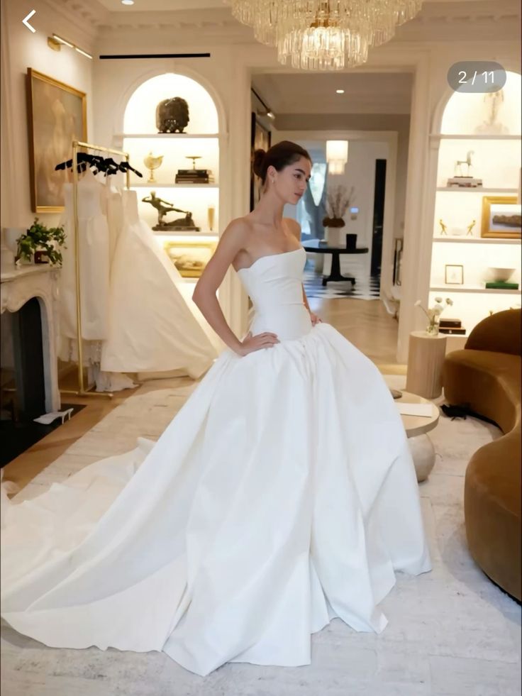 Vestido de novia elegante y clásico, sin tirantes, de satén, largo, DH735