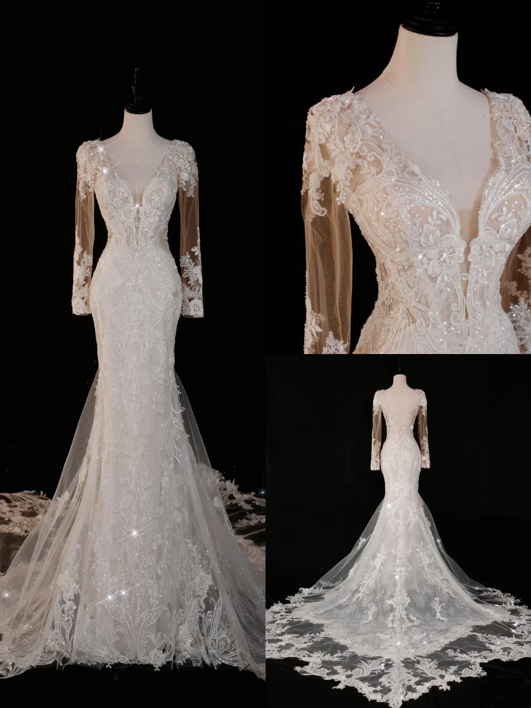 Vestido de novia atemporal de corte sirena, escote en V, mangas largas, encaje, elegante, DH737
