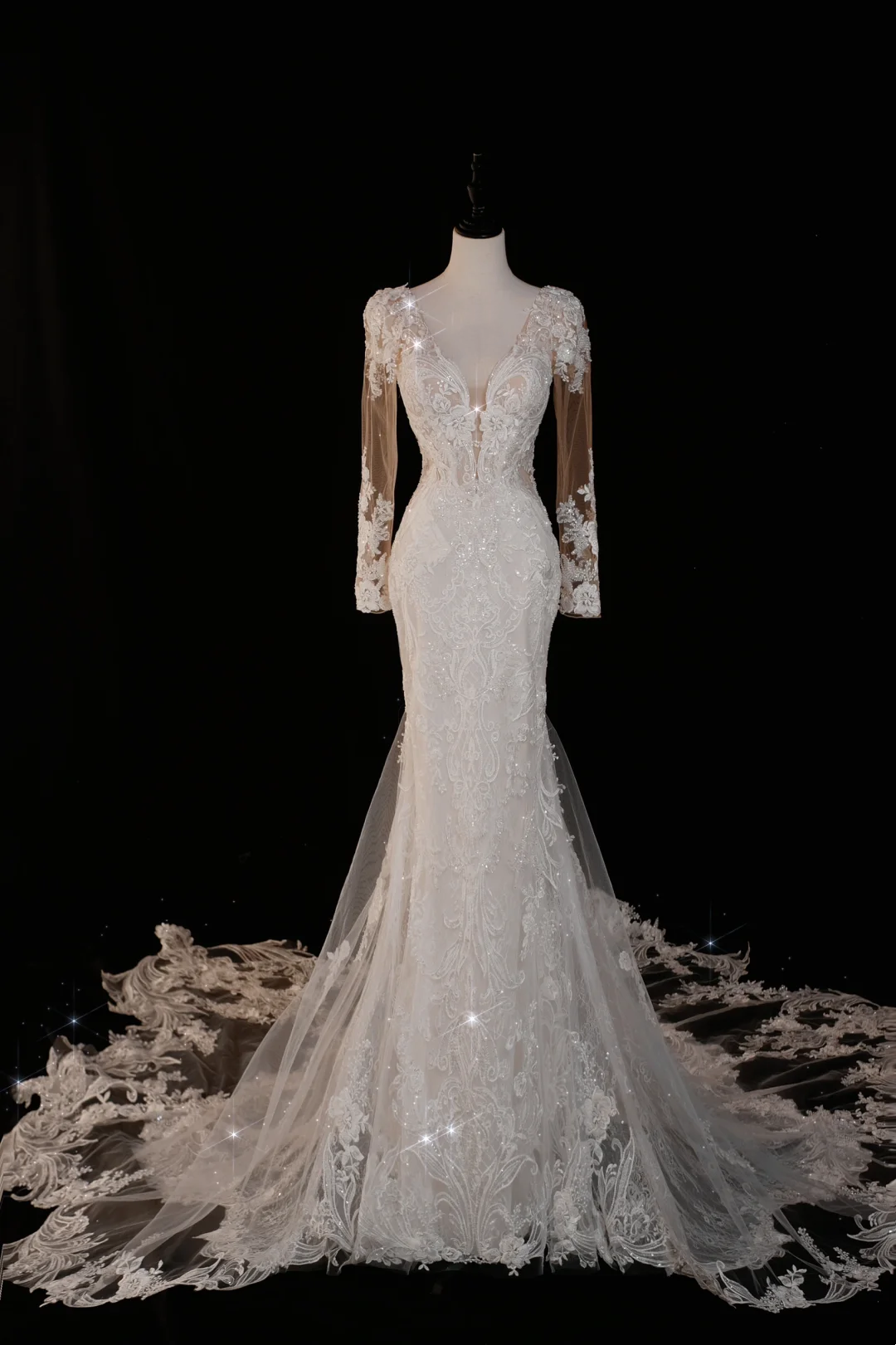 Vestido de novia atemporal de corte sirena, escote en V, mangas largas, encaje, elegante, DH737