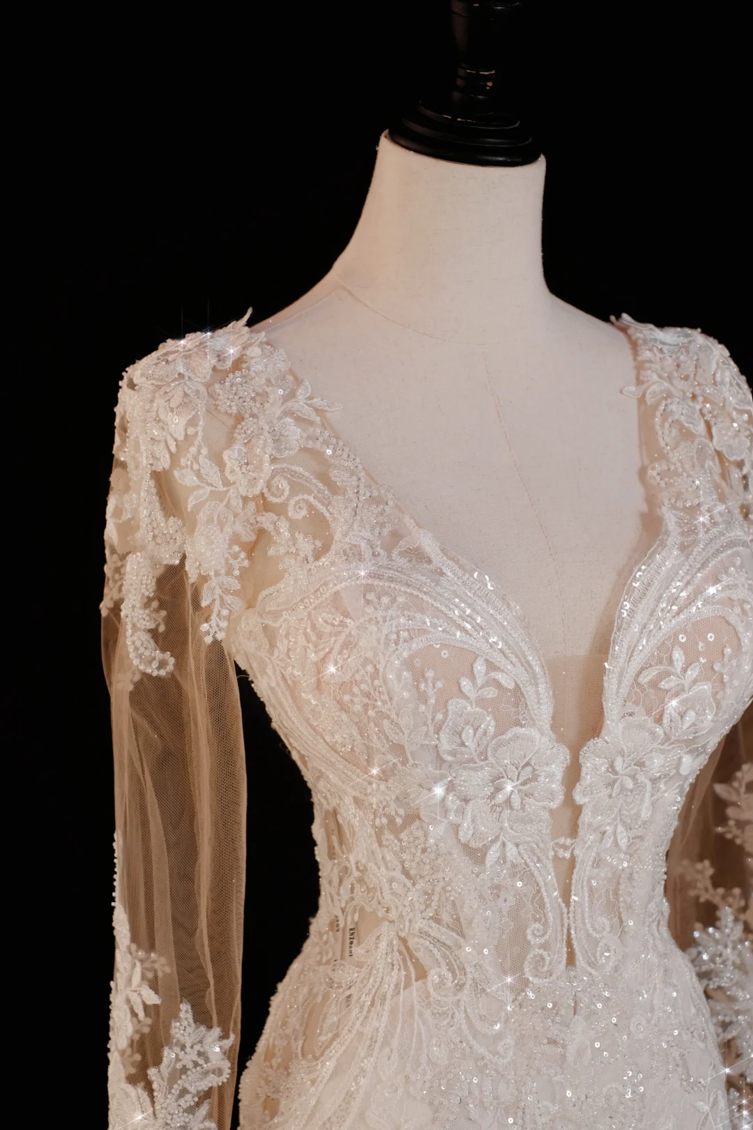 Vestido de novia atemporal de corte sirena, escote en V, mangas largas, encaje, elegante, DH737