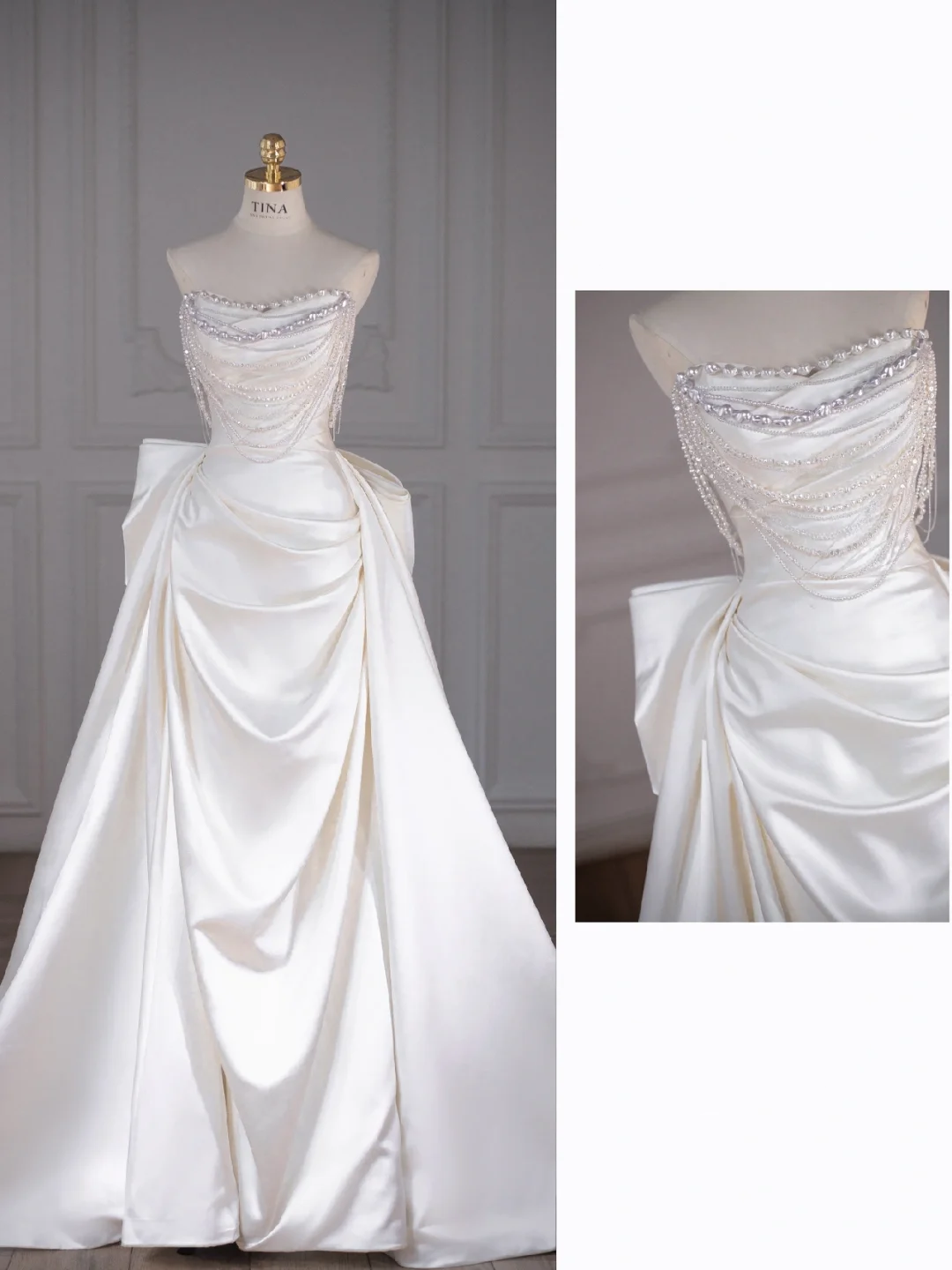 Vestido de novia clásico, corte en forma de corazón, satén, largo, blanco, elegante, DH749