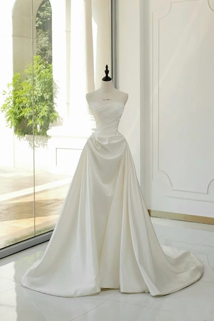 Vestido de novia clásico, vestido de fiesta, sin tirantes, de satén, largo, blanco, elegante, DH757