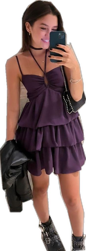 Lindo vestido corto de gasa con cuello halter y escote en forma de A, de color uva, para fiesta de 8.º grado, vestido de verano para escuela secundaria, atuendos para fiesta de bienvenida, vestido para 25 años DH792