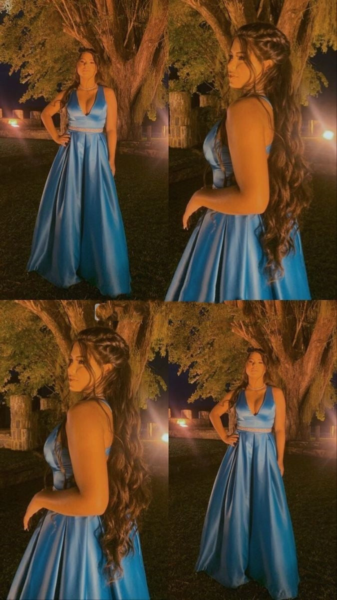 Elegante vestido de fiesta de satén azul de dos piezas, corte A, para verano, para 20 cumpleaños y 18 años, DH844