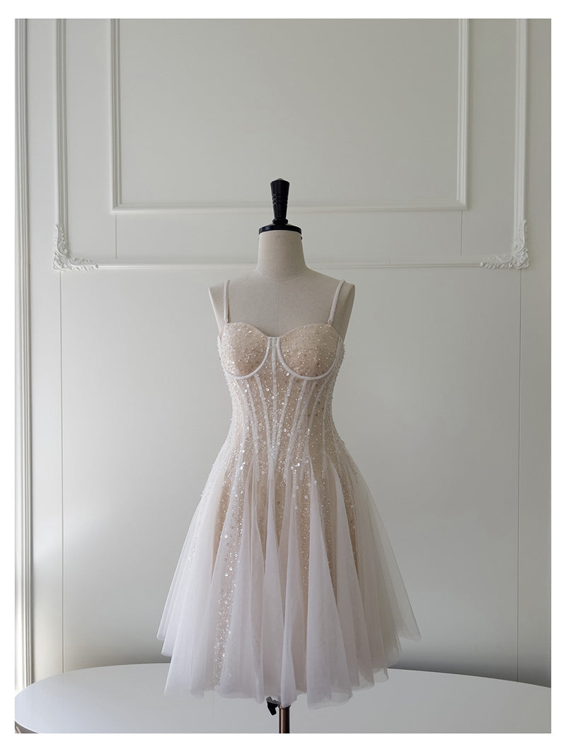 Vestido corto de verano con tirantes finos, corte A, lentejuelas color champán, para regreso a casa, para escuela secundaria, octavo grado, DH85