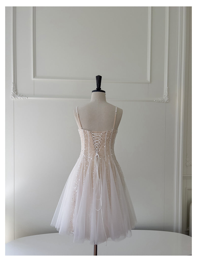 Vestido corto de verano con tirantes finos, corte A, lentejuelas color champán, para regreso a casa, para escuela secundaria, octavo grado, DH85
