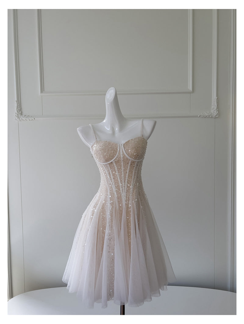 Vestido corto de verano con tirantes finos, corte A, lentejuelas color champán, para regreso a casa, para escuela secundaria, octavo grado, DH85