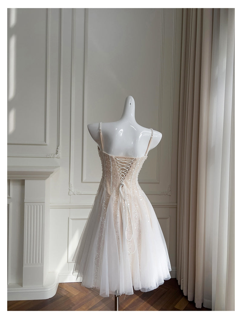 Vestido corto de verano con tirantes finos, corte A, lentejuelas color champán, para regreso a casa, para escuela secundaria, octavo grado, DH85