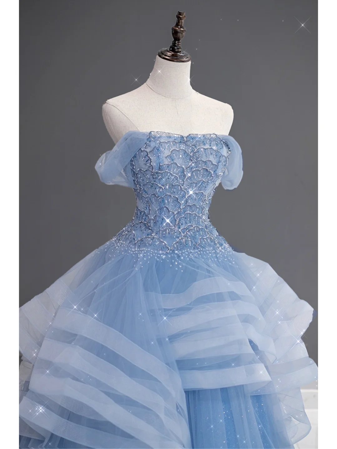 Hermoso vestido de quinceañera largo de tul azul con hombros descubiertos, vestido formal de 15 años, vestido de dulce 16 DH866