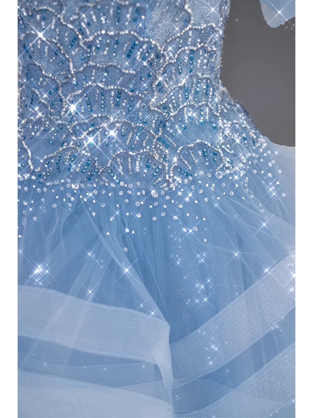 Hermoso vestido de quinceañera largo de tul azul con hombros descubiertos, vestido formal de 15 años, vestido de dulce 16 DH866