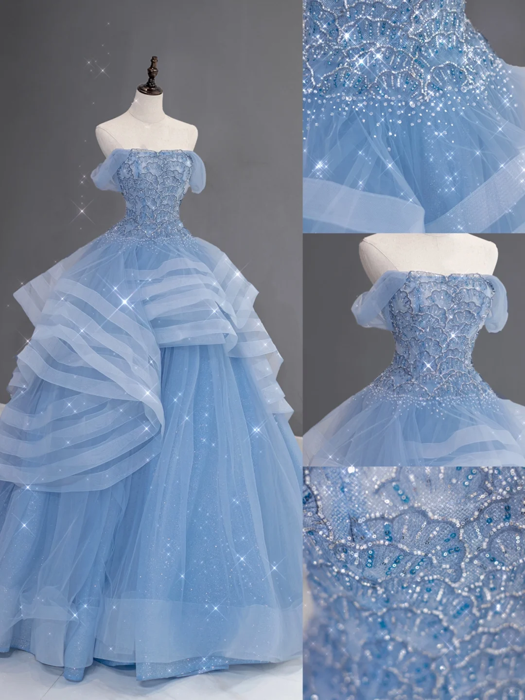 Hermoso vestido de quinceañera largo de tul azul con hombros descubiertos, vestido formal de 15 años, vestido de dulce 16 DH866