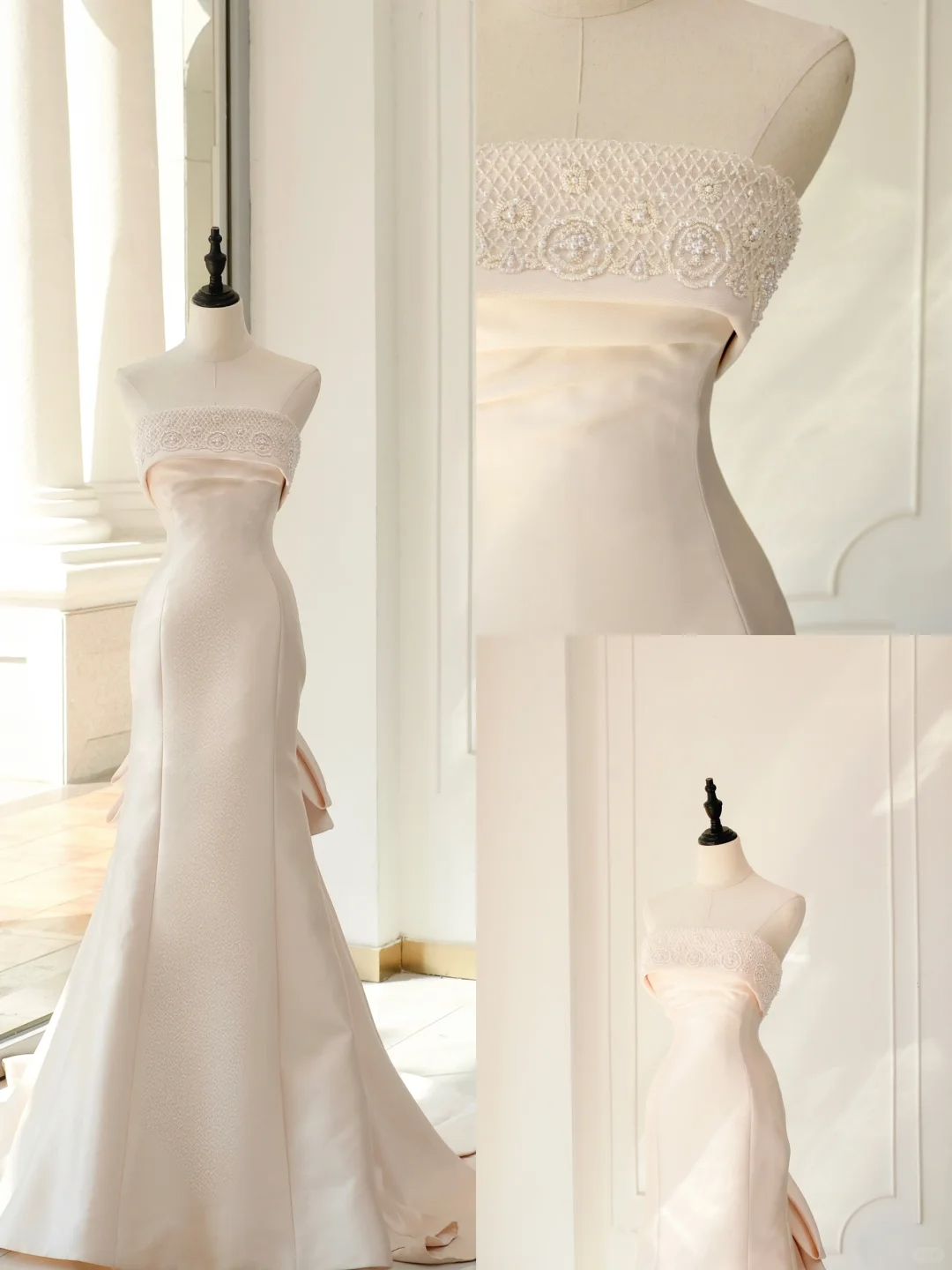 Vestido de novia clásico de sirena, sin tirantes, sin mangas, de satén, largo, rosa claro, elegante, DH894