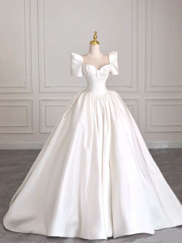 Vestido de novia atemporal, corte corazón, mangas cortas, satén blanco, elegante, DH905