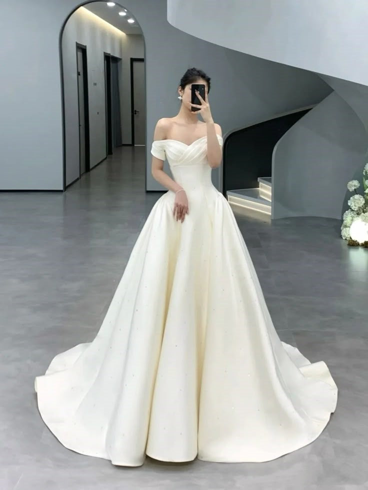 Vestido de novia atemporal, vestido de fiesta, hombros descubiertos, blanco, manga corta, vestidos de novia largos, elegantes vestidos de novia DH909