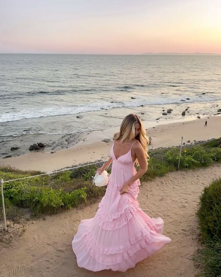 Elegante vestido de fiesta largo de gasa rosa con tirantes finos y corte en A, para verano, para 20 cumpleaños y 18 años, DH990