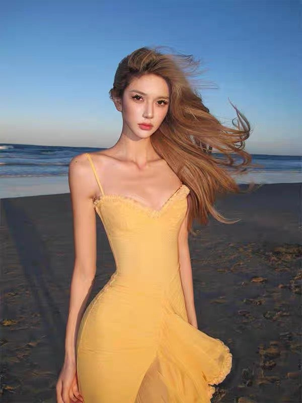 Vestido amarillo largo de fiesta con tirantes finos, sexy, para cumpleaños, verano, DP1024