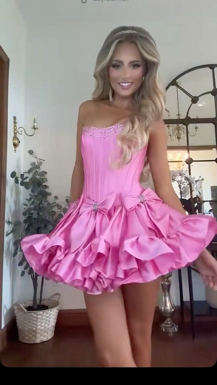 Vestido corto de verano de satén rosa sin tirantes, sexy, para fiesta de cumpleaños, para 18 años, DP1078