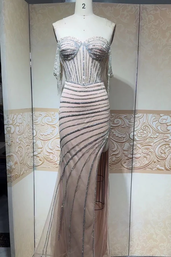 Vestido largo de sirena sexy con hombros descubiertos color champán para cumpleaños, vestido de fiesta, atuendo de verano para cumpleaños, DP1120