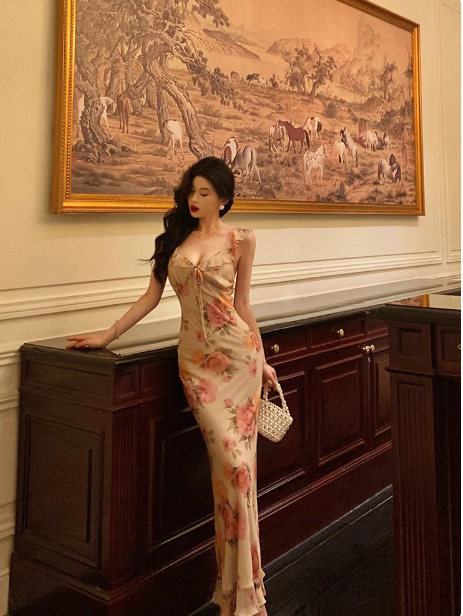 Elegante vestido de fiesta de sirena rosa con flores de gasa para 18 cumpleaños. Ideas de vestidos de cumpleaños para mujeres (DP1283).