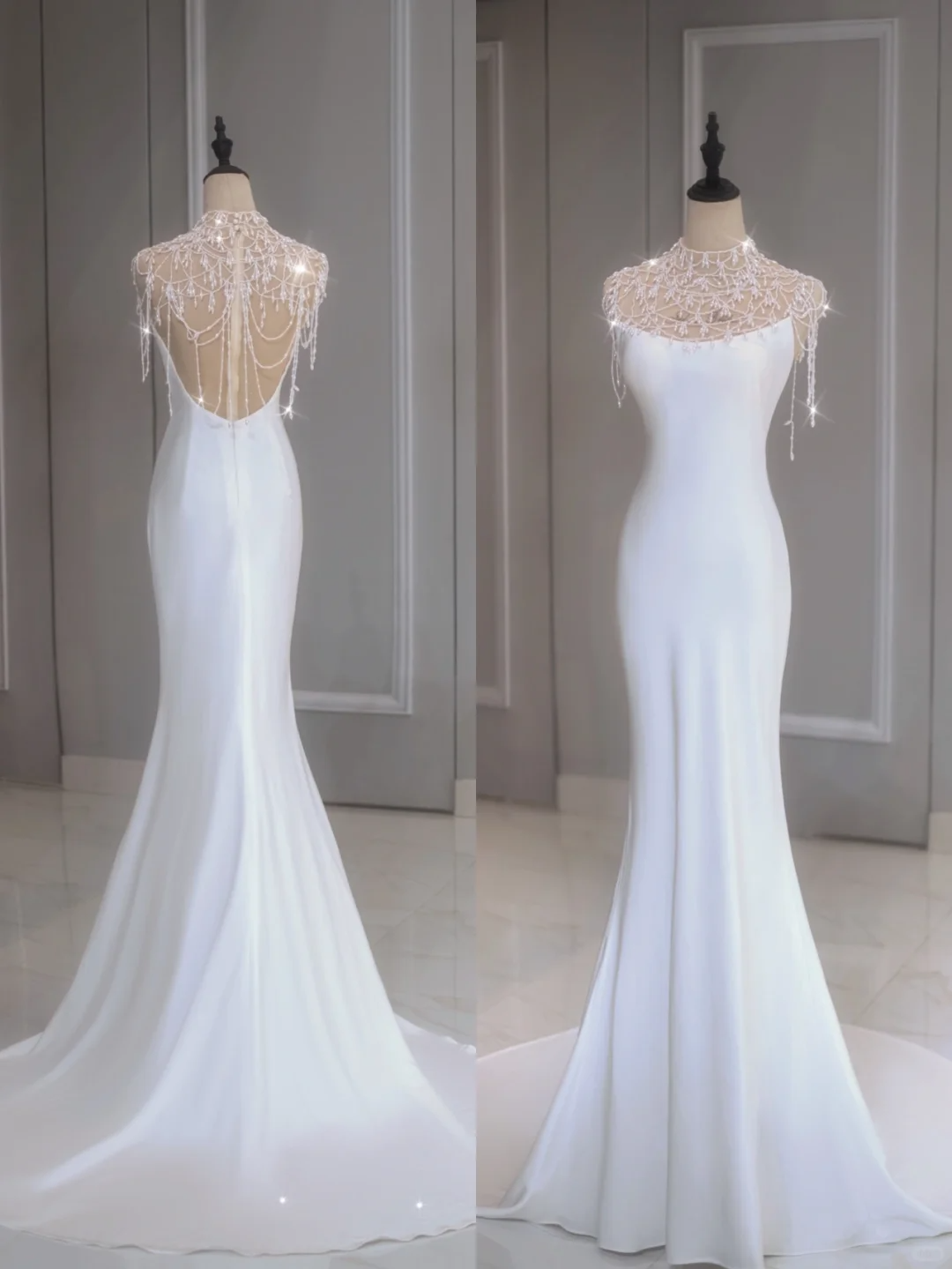 Vestido de novia etéreo de corte sirena, cuello alto, largo, blanco, DP1351
