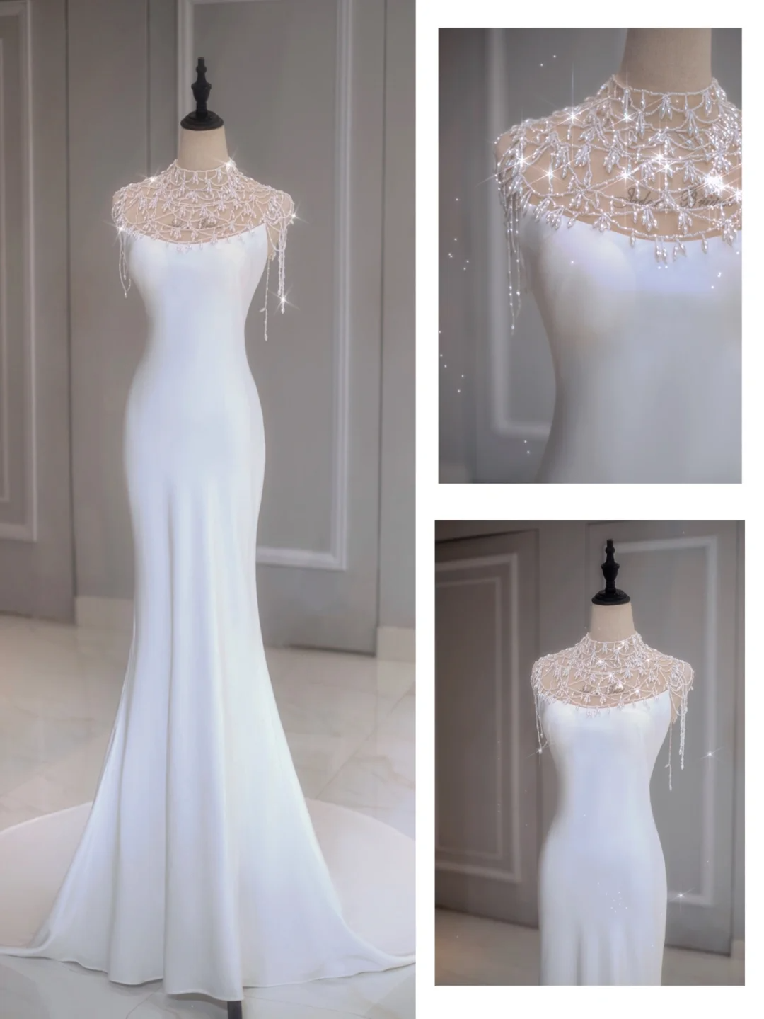 Vestido de novia etéreo de corte sirena, cuello alto, largo, blanco, DP1351