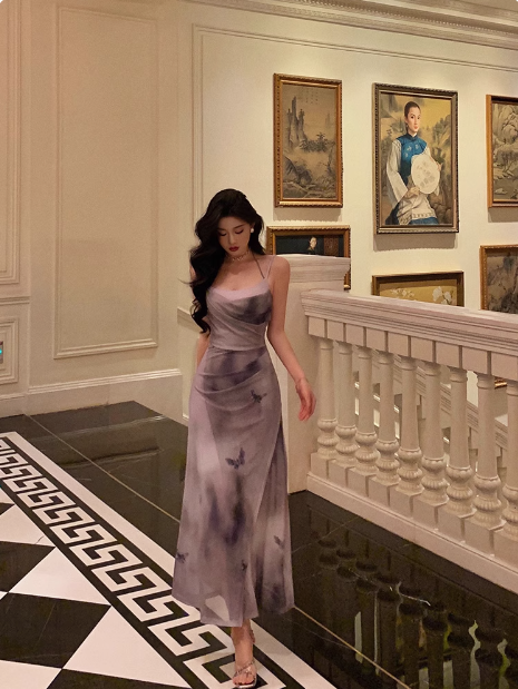 Vestido elegante de gasa con tirantes finos y corte sirena para cumpleaños número 21. Ideas para vestidos de cumpleaños para mujeres (DP1440).