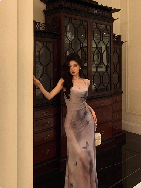 Vestido elegante de gasa con tirantes finos y corte sirena para cumpleaños número 21. Ideas para vestidos de cumpleaños para mujeres (DP1440).
