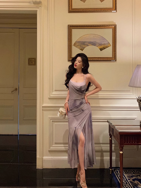 Vestido elegante de gasa con tirantes finos y corte sirena para cumpleaños número 21. Ideas para vestidos de cumpleaños para mujeres (DP1440).