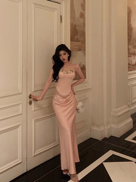 Elegante vestido de sirena de 2 piezas de satén rosa sin mangas para cumpleaños número 21, vestido de noche, atuendos de cumpleaños, ideas para vestidos de cumpleaños para mujeres DP1442