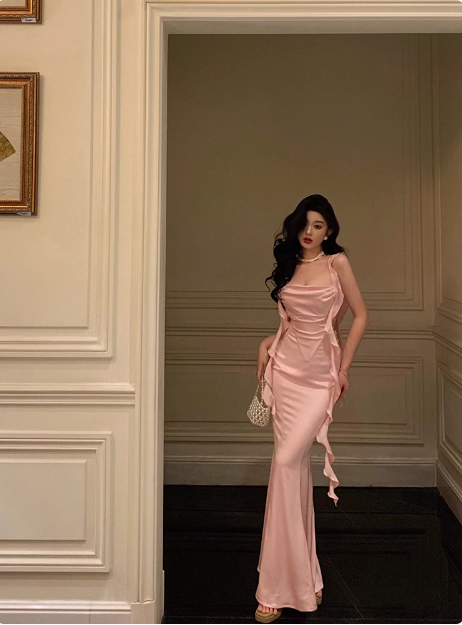 Vestido elegante de sirena con tirantes finos de satén rosa para 21 cumpleaños. Ideas para vestidos de cumpleaños para mujeres (DP1455).