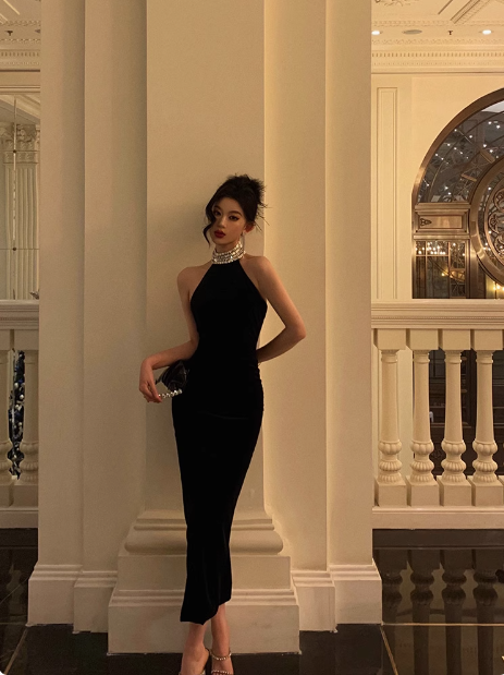 Vestido elegante de sirena con escote halter y cuentas, color negro, para fiesta de cumpleaños número 21, ideas para vestidos de cumpleaños para mujeres (DP1458)