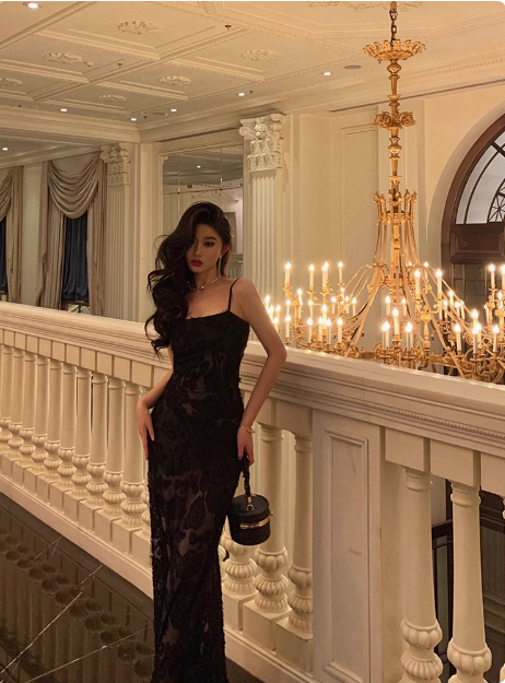 Vestido elegante de sirena con tirantes finos y encaje negro para cumpleaños número 21. Ideas de vestidos de cumpleaños para mujeres (DP1459).