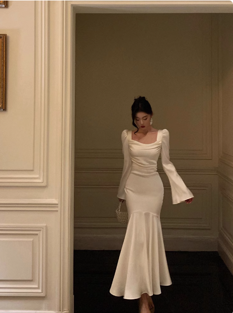 Vestido de fiesta de satén blanco con mangas largas y corte sirena para 21 cumpleaños. Ideas para vestidos de cumpleaños para mujeres (DP1472).