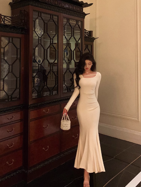 Vestido de fiesta de sirena sexy de satén blanco con mangas largas para 21 cumpleaños. Ideas de vestidos de cumpleaños para mujeres (DP1474).