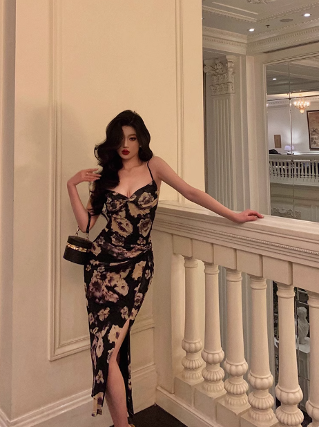 Vestido de fiesta de sirena con tirantes finos y estampado floral de satén para 21 cumpleaños, ideas para vestidos de cumpleaños para mujeres (DP1478)