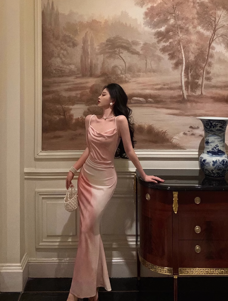 Vestido de fiesta de satén rosa con tirantes finos y corte sirena para 21 cumpleaños, atuendos de cumpleaños, ideas para vestidos de cumpleaños para mujeres DP1481