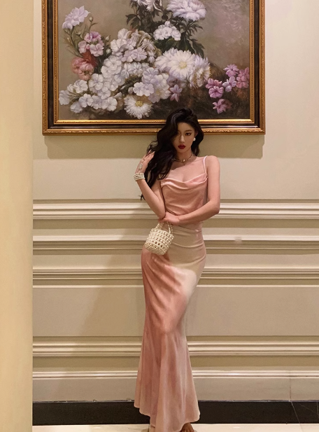 Vestido de fiesta de satén rosa con tirantes finos y corte sirena para 21 cumpleaños, atuendos de cumpleaños, ideas para vestidos de cumpleaños para mujeres DP1481