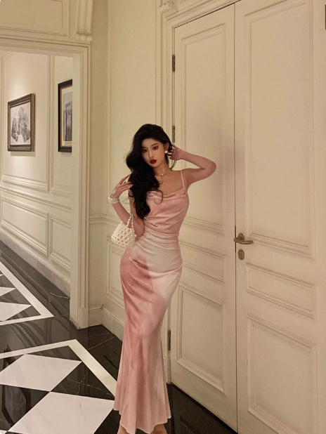 Vestido de fiesta de satén rosa con tirantes finos y corte sirena para 21 cumpleaños, atuendos de cumpleaños, ideas para vestidos de cumpleaños para mujeres DP1481