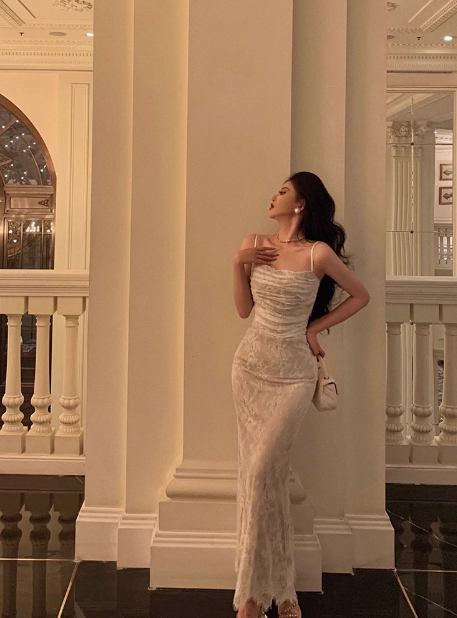 Vestido de fiesta de sirena con tirantes finos y encaje blanco para 21 cumpleaños, ideas para vestidos de cumpleaños para mujeres (DP1487)