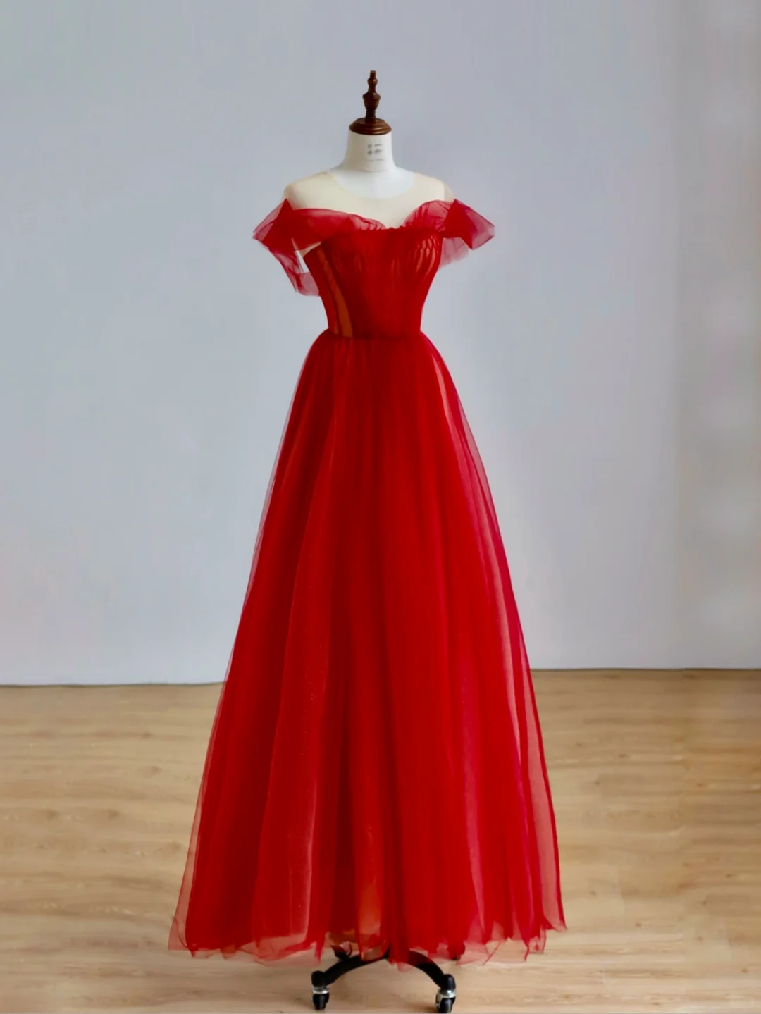 Elegante vestido de fiesta glamuroso con hombros descubiertos, mangas cortas, tul rojo, vestido de fiesta, vestidos de noche DP1505