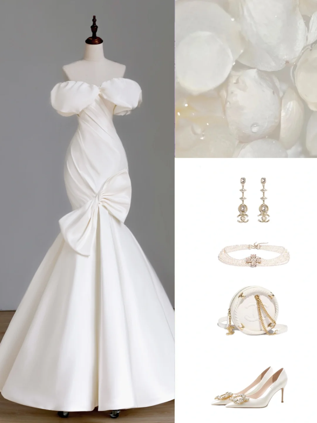 Vestido de novia sencillo de corte sirena con hombros descubiertos, de satén y mangas cortas, blanco, estilo minimalista, DP1549