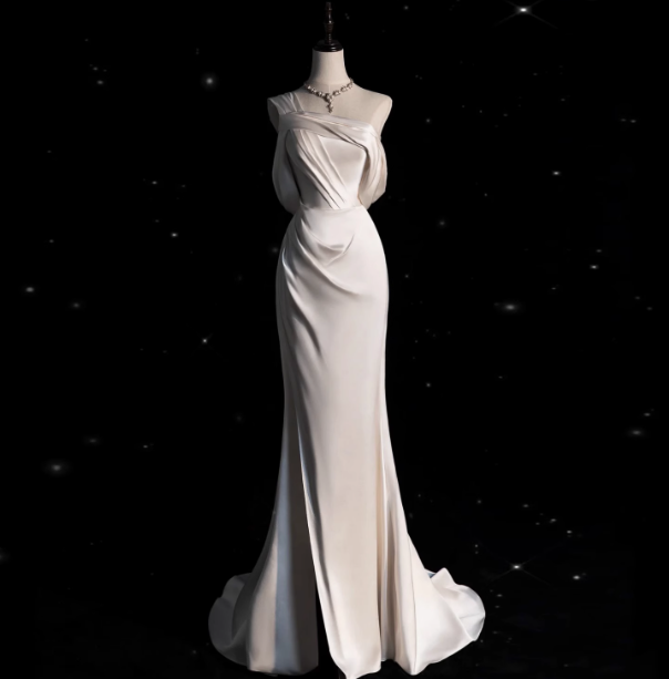 Vestido de novia clásico de sirena con un solo hombro, de satén blanco, estilo minimalista, DP1658