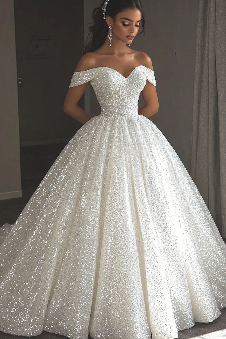 Vestido de novia etéreo, vestido de fiesta con hombros descubiertos y lentejuelas blancas, vestidos de novia DP1676
