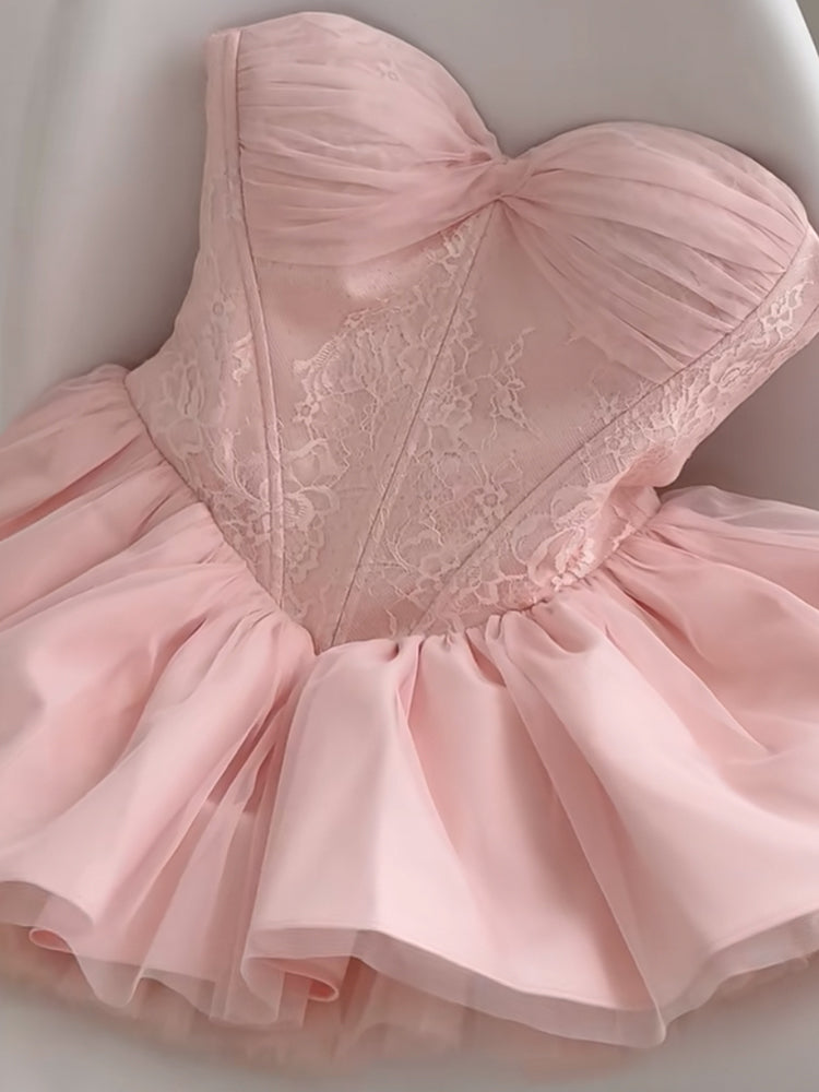 Vestido corto de verano con escote en forma de corazón y encaje rosa para cumpleaños, ideal para fiestas de cumpleaños número 21 (DP1704)