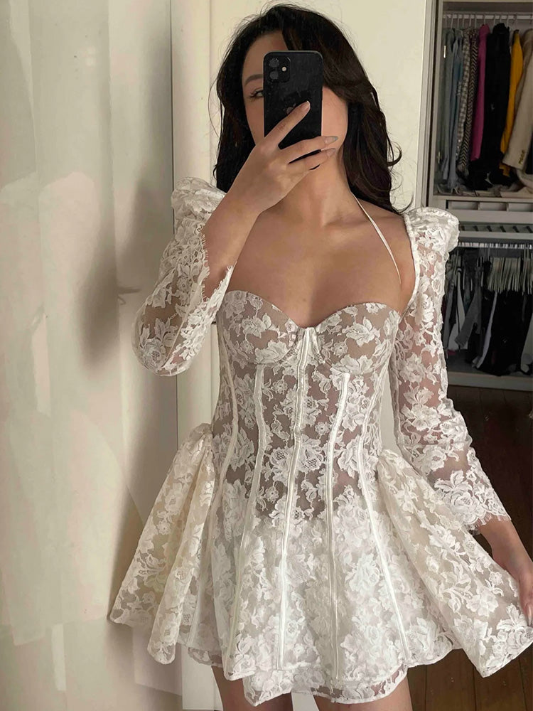Vestido corto de encaje blanco con escote en forma de corazón, corte A, para cumpleaños de verano, minivestido de fiesta para el 23.º cumpleaños, DP1716