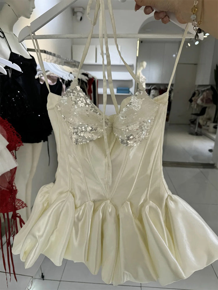 Vestido corto de satén color marfil con corte en A para cumpleaños de verano, minivestido de fiesta para el 23.º cumpleaños, DP1720