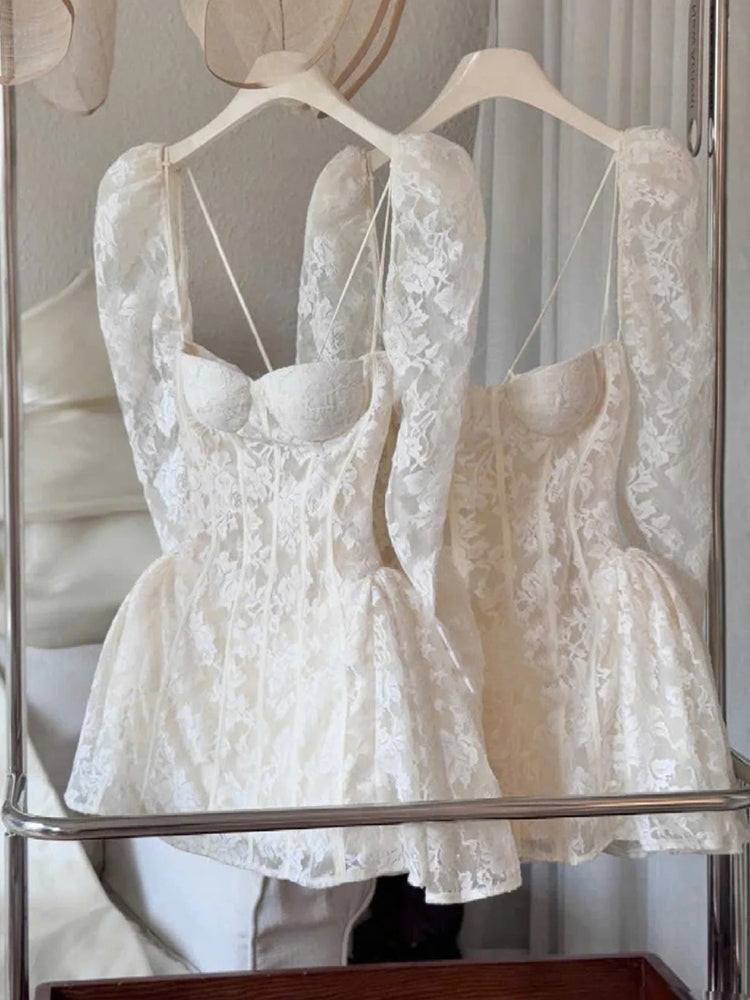 Vestido de verano blanco de encaje con escote en forma de corazón, manga corta y larga, minivestido de cumpleaños para fiesta de cumpleaños número 23, DP1721