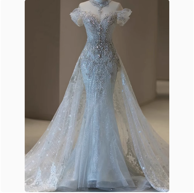 Vestido de novia de ensueño con corte sirena y hombros descubiertos, con lentejuelas, DP1797